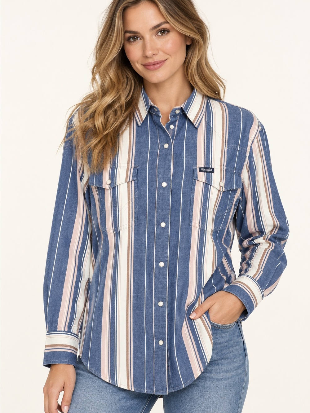 Wrangler Retro Womens XS Blue Stripe Western Snap Shirt Cotton NWT Americana Top